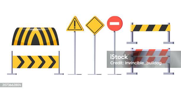 Stop Construction Sign Road Construction Equipment Isolated On White Background Cones Striped ...