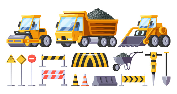 Road Construction Equipment Set. Bulldozer, Wheelbarrow And Tip Truck For Earth Moving, Roller For Compaction. Jackhammer, Shovel, Cones and Signs Isolated Collection. Cartoon Vector Illustration