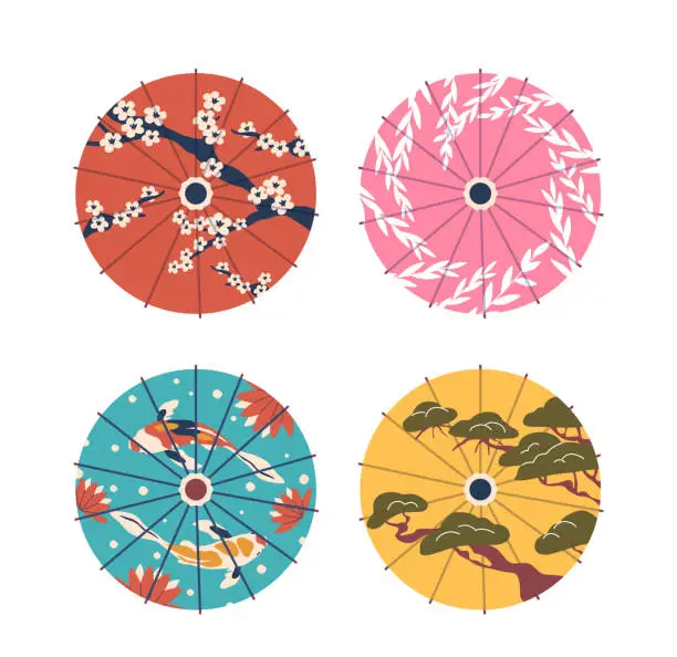 Vector illustration of Circular, Elegant Japanese Umbrellas Adorned With Traditional Patterns, Top View . Harmonious Asian l Designs