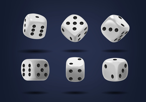 Flying Dice Cubes, Small, Six-sided Objects Used In Gamble Gaming, With Each Side Featuring Dots Representing Numbers One Through Six For Random Number Generation. Realistic 3d Vector Illustration