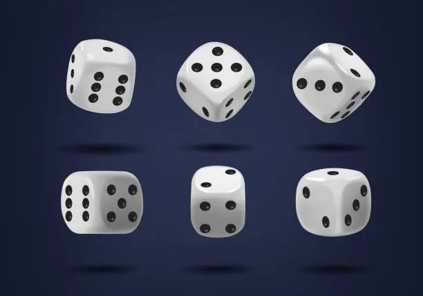 Vector illustration of Flying Dice Cubes, Small, Six-sided Objects Used In Gamble Gaming, With Each Side Featuring Dots Representing Numbers