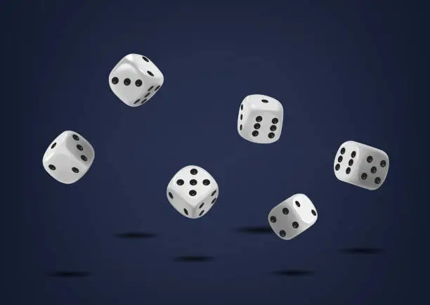 Vector illustration of Flying White Dice Cubes. Small, Six-sided Objects With Dots Numbering From One To Six, Used Primarily In Gaming