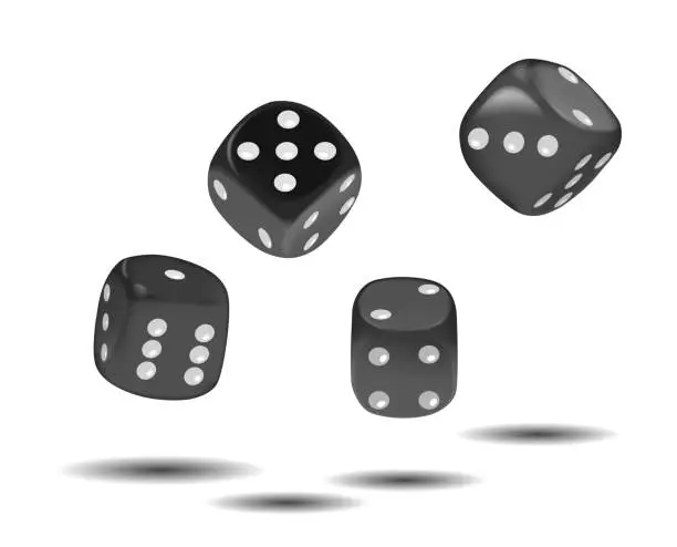 Vector illustration of Realistic Playing Dice, Flying Cubes Made Of Sturdy Materials Like Acrylic Or Resin, Featuring White Contrasting Pips