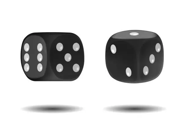 Vector illustration of Realistic Black Playing Dice Crafted From Sturdy Acrylic Or Resin, Featuring Engraved White Dots, Used In Tabletop Games