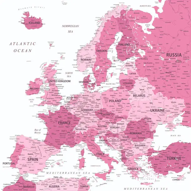 Vector illustration of Europe - Highly Detailed Vector Map of the Europe. Ideally for the Print Posters. Pink Rose White Colors