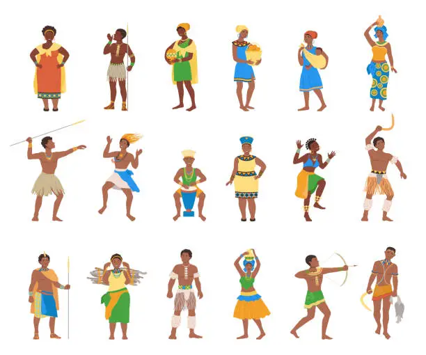 Vector illustration of Barefoot African Aboriginal People Character Dressed in Traditional Tribal Clothing Vector Illustration Set