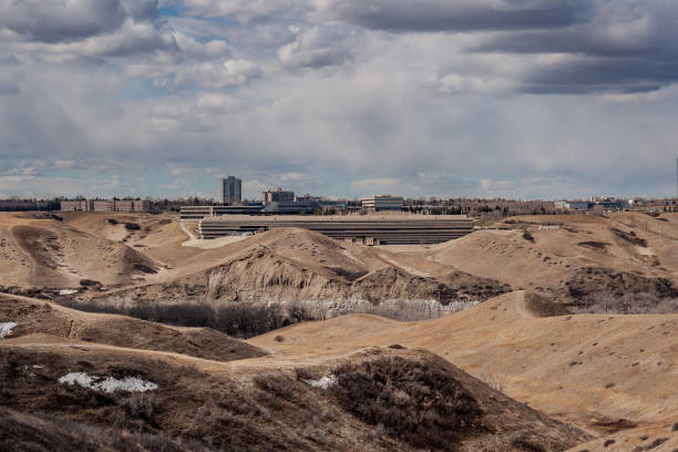 Scenic View of the University of Lethbridge, coulees, Oldman River bottom and west side of Lethbridge from the South side. in early spring of 2011 stock photo