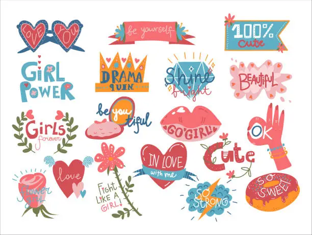 Vector illustration of Girl Power Trendy Stickers with Inscription and Pink Cute Stuff Vector Set