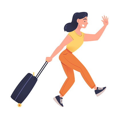 Young woman with suitcase hurrying to flight at airport. Happy rushing tourist going on summer vacation cartoon vector illustration isolated on white background