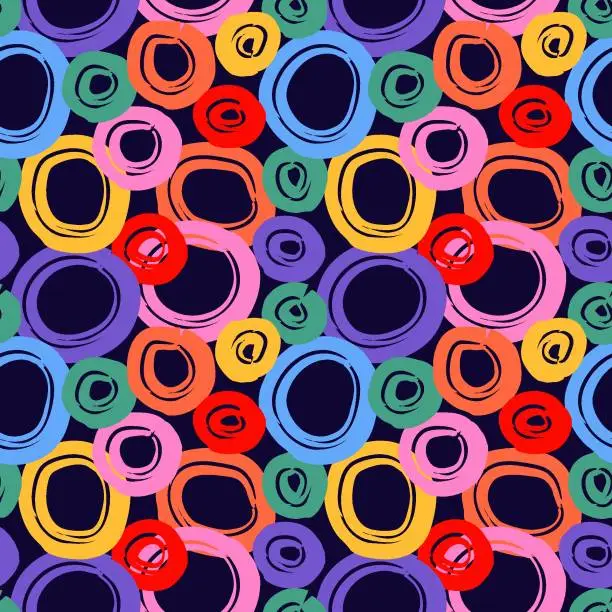 Vector illustration of Fashion abstract contemporary seamless pattern with dry brush crayon charcoal circles. Colored Graphic squiggle vector. Modern trendy Vector. Grunge, texture pattern for textile prints