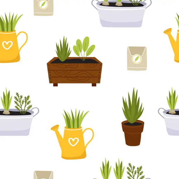 Vector illustration of Spring gardening seamless vector pattern. Vegetables, greens in wood boxes and pots, seeds, watering can on a white background