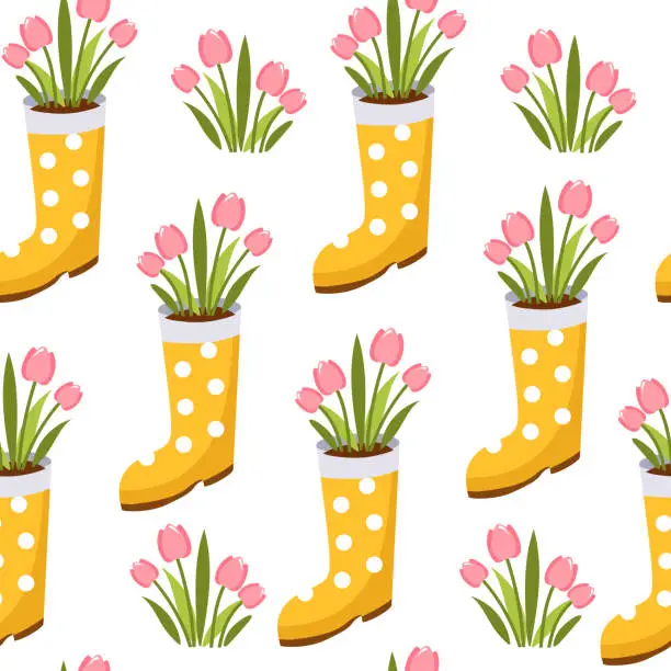 Vector illustration of Spring seamless pattern. Yellow rubber boot with polka dots with pink tulips on a white background.