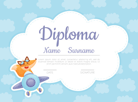 Cute Fox Animal on Plane Flying in the Air Diploma Design Vector Template. Funny Mammal Pilot on Board of Aircraft