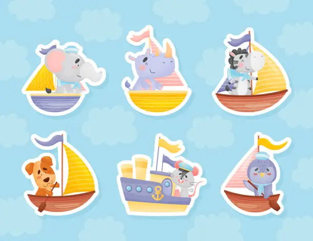 Vector illustration of Cute Cartoon Animal on Boat Vector Sticker Set