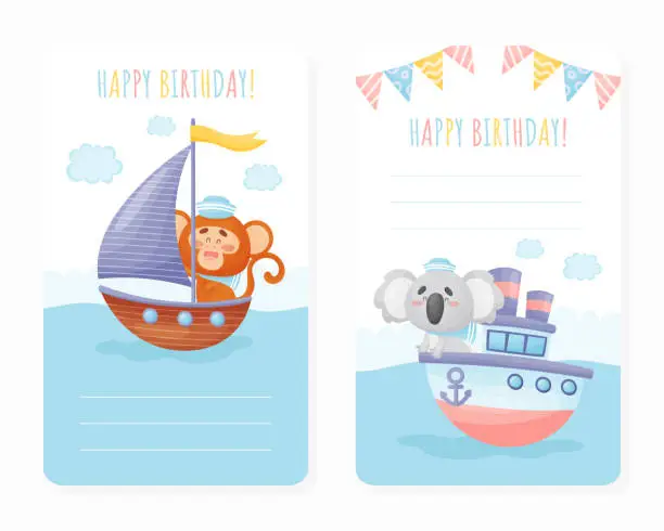 Vector illustration of Happy Birthday Card with Cute Cartoon Animal on Boat Vector Template