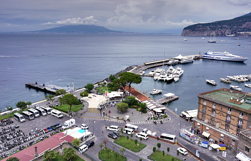 Sorrento, Italy 14th Jun, 2023. Aerial view from a high cliff on the harbor of the Italian tourist town of Sorrento