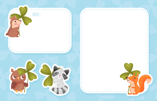 Cute Baby Animal with Three Leaf Clover Empty Reminder Card Vector Template. Funny Mammal with Trefoil on Stalk