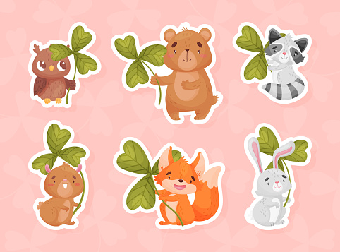 Cute Baby Animal with Three Leaf Clover Vector Sticker Set. Funny Mammal with Trefoil on Stalk