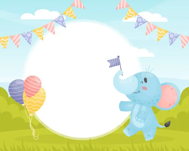 Vector illustration of Cute Elephant Animal Parade with Flag and Balloon Note Frame Vector Template