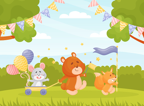 Cute Animal Parade with Flag and Balloon Vector Illustration. Funny Mammal Marching Enjoy Carnival
