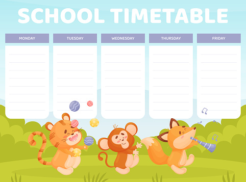 School Timetable with Cute Animal Parade Vector Template. Funny Mammal Marching Enjoy Carnival