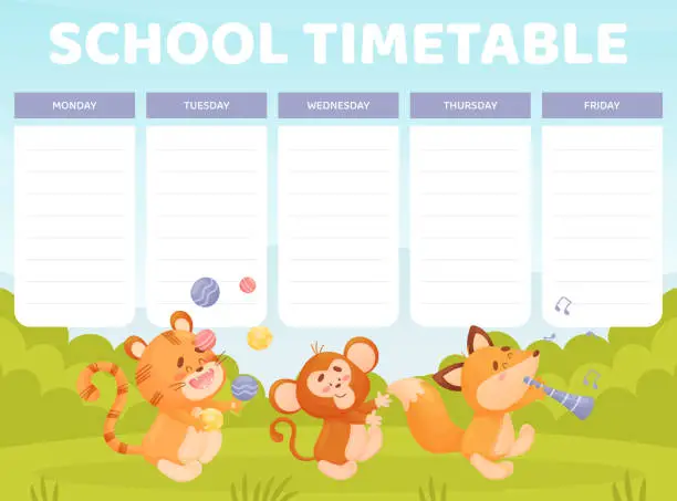 Vector illustration of School Timetable with Cute Animal Parade Vector Template