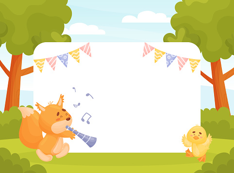 Cute Animal Parade with Chick and Squirrel Play Flute Note Frame Vector Template. Funny Mammal Marching Enjoy Carnival
