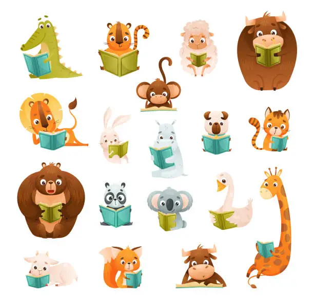 Vector illustration of Cute Animals Reading Book Enjoying Interesting Story Big Vector Set