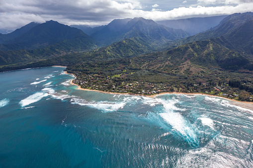 helicopter point of view at na pali coast state park in kauai island, hawaii islands, pacific ocean islands, usa.