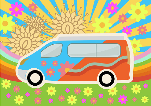 70s psychedelic style illustration with van traveling on colorful road with flowers and rainbow as background