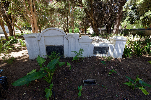 The tombstones around the Strooidak church built in 1805 in Paarl, Western Cape, South Africa.