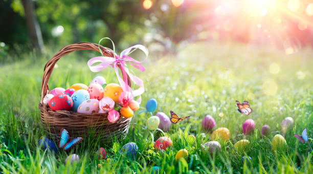 istock Easter Eggs In The Basket On Grass With Butterflies 2073744921
