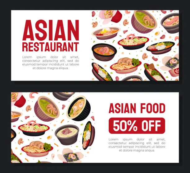 Vector illustration of Asian Food and Cuisine Banner Design with Served Dish Vector Template