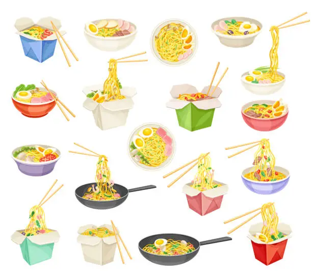 Vector illustration of Asian Noodles in Box, Frying Pan and Bowl with Chopsticks Big Vector Set