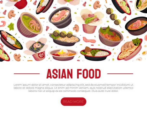 Vector illustration of Asian Food and Cuisine Banner Design with Served Dish Vector Template