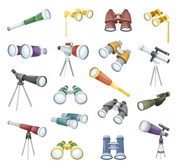 Vector illustration of Binoculars and Telescope as Optical Instrument for Viewing Distant Objects Vector Set