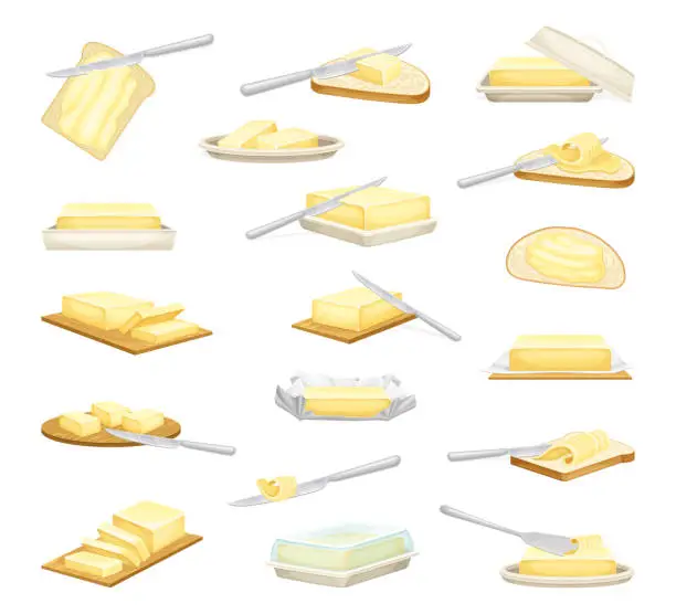 Vector illustration of Butter as Fat Dairy Product Made from Milk Big Vector Set