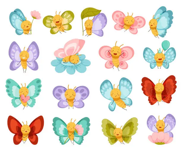 Vector illustration of Adorable Baby Butterfly with Colorful Wings Big Vector Set