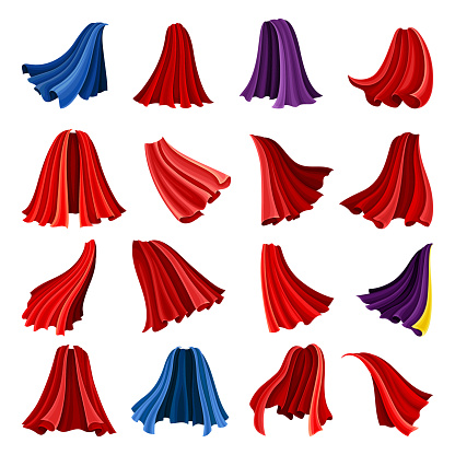 Red and Blue Cloak or Cape as Loose Silk Garment Worn Over Clothing Big Vector Set. Wavy Mantle or Fluttering Cover for Super Hero or Dracula Concept