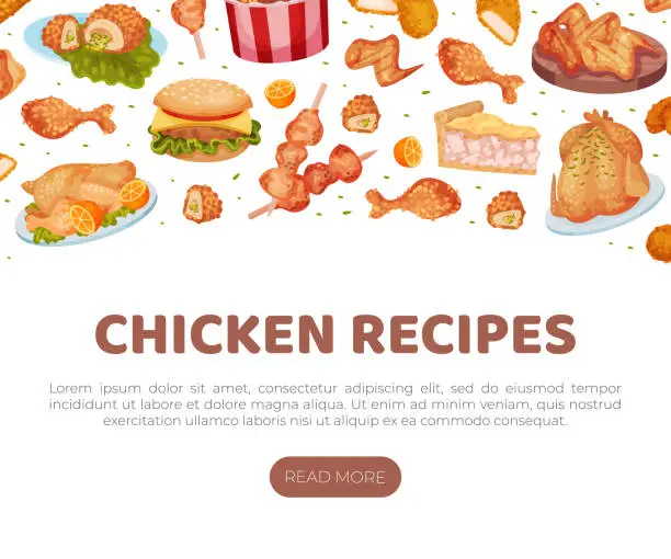 Vector illustration of Tasty Chicken Food Banner Design with Served Dish Vector Template