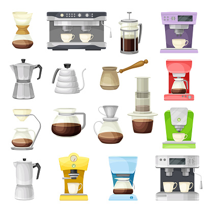 Coffee Brewing Machine with Coffeemaker and Percolator as Cafe Cooking Appliance Big Vector Set. Hot Aromatic Beverage Preparation Concept