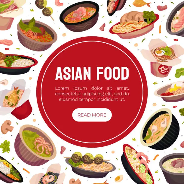 Vector illustration of Asian Food and Cuisine Banner Design with Served Dish Vector Template