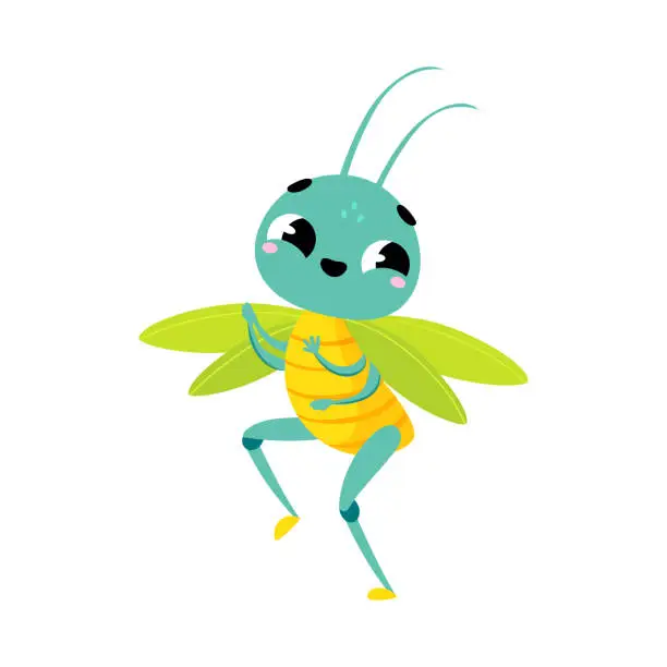 Vector illustration of Cute jumping grasshopper. Funny insect cartoon character vector illustration