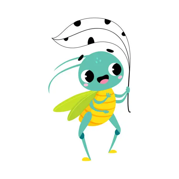 Vector illustration of Cute green grasshopper. Funny insect cartoon character holding leaf hiding from rain vector illustration