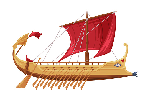 Trireme Ancient Vessel and Type of Galley as Greece Traditional Cultural Symbol Vector Illustration. Boat with Oar as Indigenous Greek Ship Sailing in Mediterranean Sea Concept