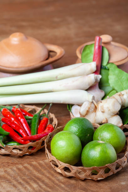 tom yum spicy soup ingredient lime chilli, lemongrass, galangal kaffir lime leaves
