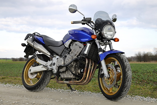 Hamburg, Germany - March, 11. 2021: Kawasaki Zephyr 750 youngtimer motorcycle, parked on a country road on a sunny summer day in Hamburg, Germany. The uncovered machines (so-called “naked bikes”) were available in Germany from 1991 to 2000 in the 550, 750, and 1100 cm³ versions, which were supposed to be reminiscent of the Z models from the 1970s. They were all air-cooled 4-cylinder 4-stroke engines