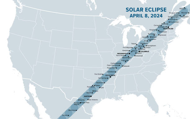 Great American Total Solar Eclipse of April 8, 2024. map with path of totality Great American Total Solar Eclipse of April 8, 2024. Political map containing names of cities inside the path of totality. Visible across North America, passing over Mexico, United States, and Canada. eclipse stock illustrations