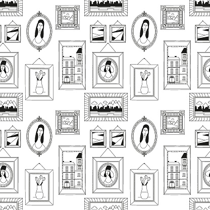 Seamless pattern of decorative frames of various shapes with paintings - portrait, landscape, still life. Black and white retro design, line style, hand drawn vector illustration