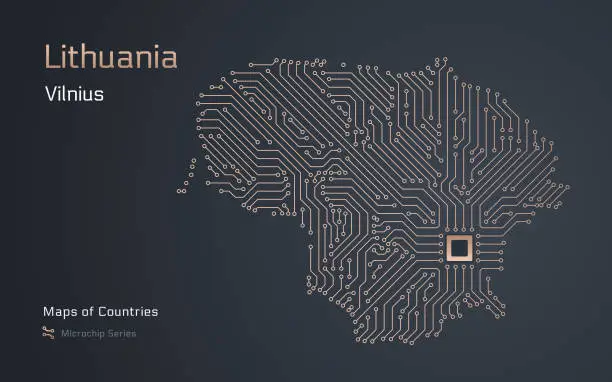 Vector illustration of Lithuania Map with a capital of Vilnius Shown in a Microchip Pattern.